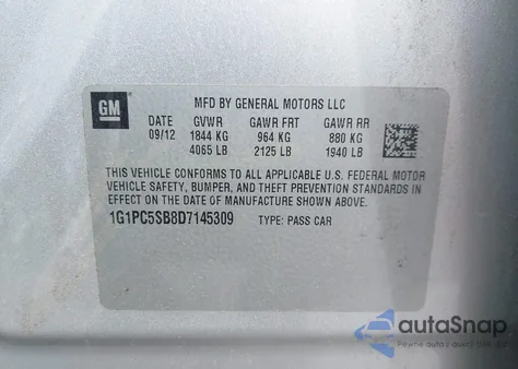 2013 Chevrolet Cruze 1Lt Auto z USA, uszkodzony, nr VIN 1G1PC5SB8D7145309